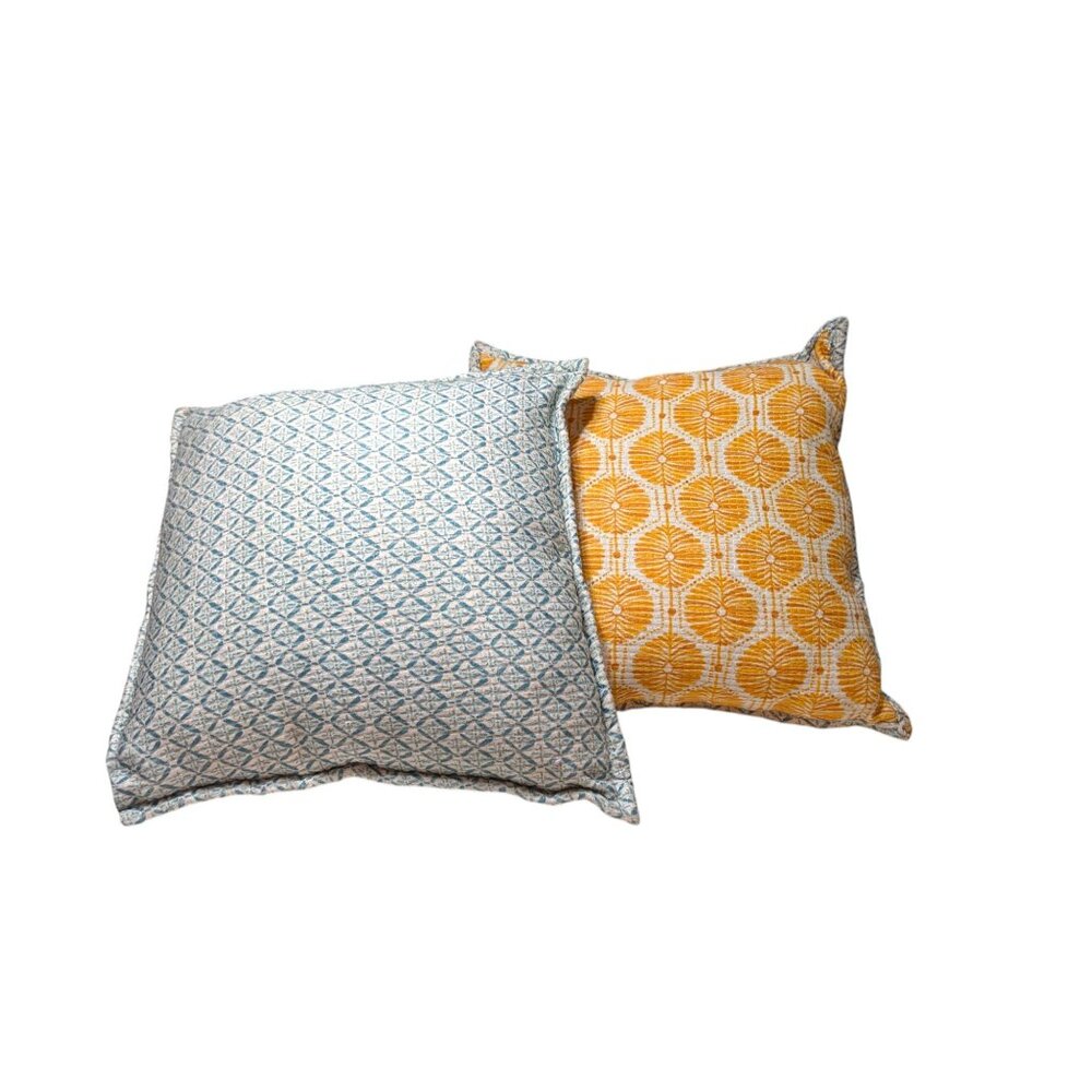 Anthropologie Decorative Pillow Set - Double-Sided Patterned Cushions Blue & Yel